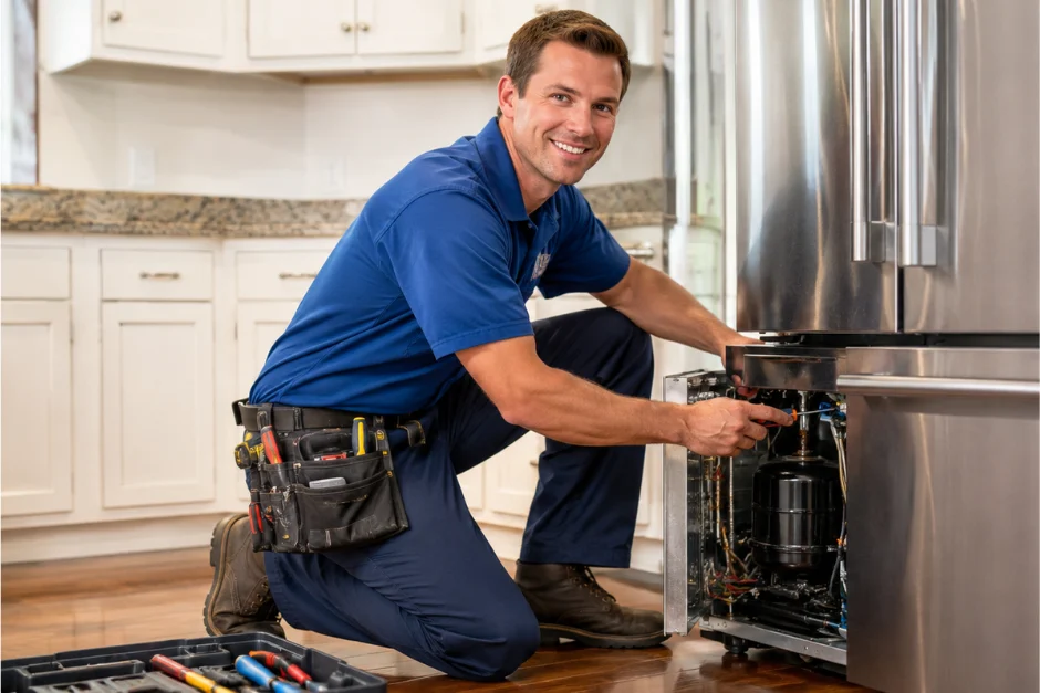 Technician repairing an air conditioner unit in New Delhi workshop.